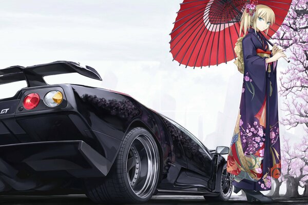 Sakura sur fond de voiture noire