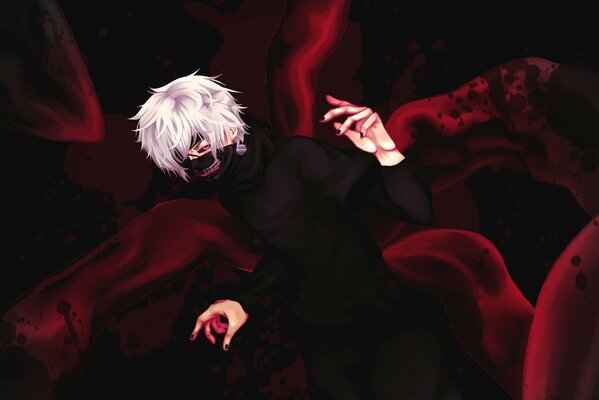 Anime of a guy in a bloody mask on a red background