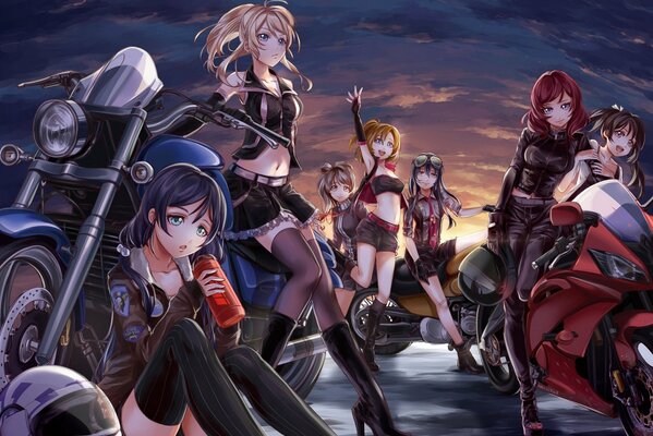 Anime girls with motorcycles at sunset