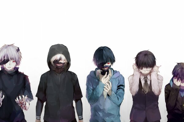 Die Jungs von Tokyo Ghoul in Kapuze und mit Masken