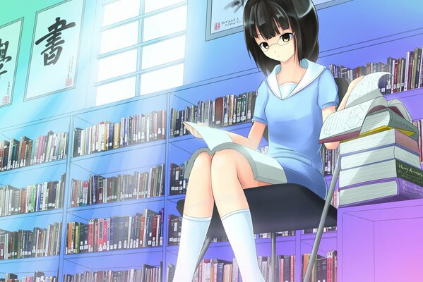 A girl is reading a book in the library