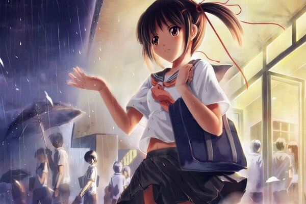 Anime schoolgirl without an umbrella went out in the rain