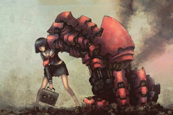 Anime colegiala con enorme brazo robot