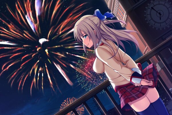 A frame from the anime. fireworks in the sky. The girl on the balcony