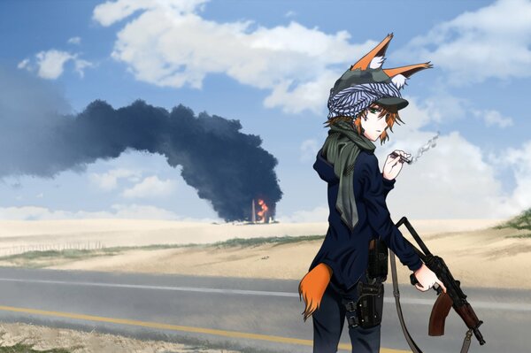 A girl with ears and a tail holds a weapon against the background of a burning object