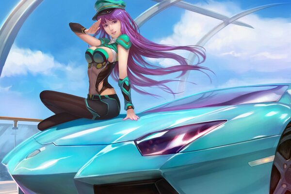 Anime, fille capitaine sur la voiture