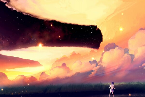 Chica anime en el fondo de un hermoso cielo estrellado con nubes