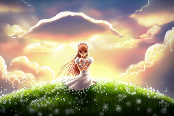 Anime girl in the grass on a hill with clouds in the background