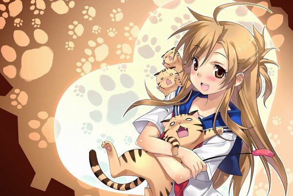 Linda chica de anime con gatitos en el fondo de las patas del gato