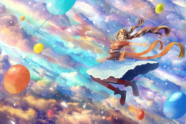 A girl with balloons is flying through the sky