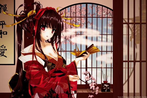 Anime fille Geisha avec une grue à la main