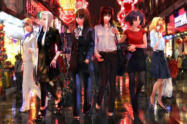 Six Japanese girls walking around the city at night