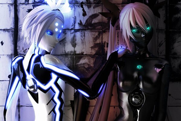 Two androids with burning eyes - anime-style art