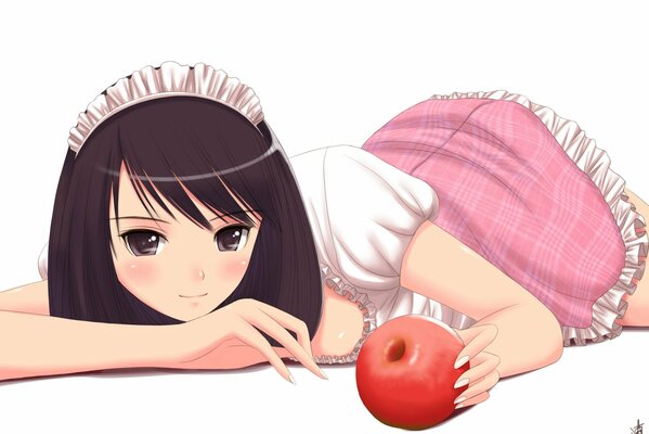 Chica de Anime con una manzana sobre un fondo blanco