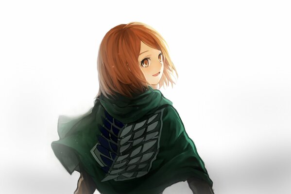 A girl in a green raincoat looks over her shoulder from an anime