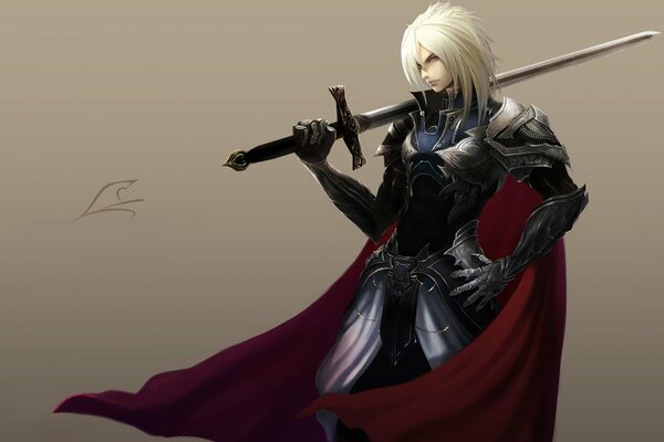 A blond warrior with a sword in a cloak and armor