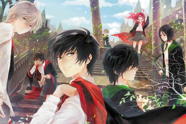 Harry Potter mit Freunden auf dem Hintergrund der fliegenden Blätter aus Anime