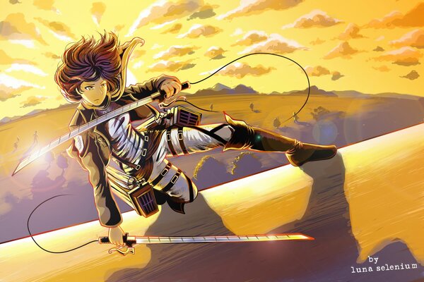 A girl with blades at sunset