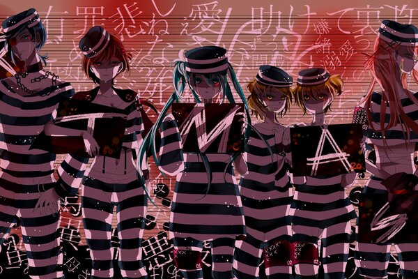 Guys and girls from vocaloid in striped uniforms