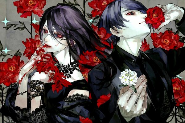 Personajes de Tokyo Ghoul con flores rojas