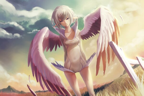 A girl with angel wings in a field