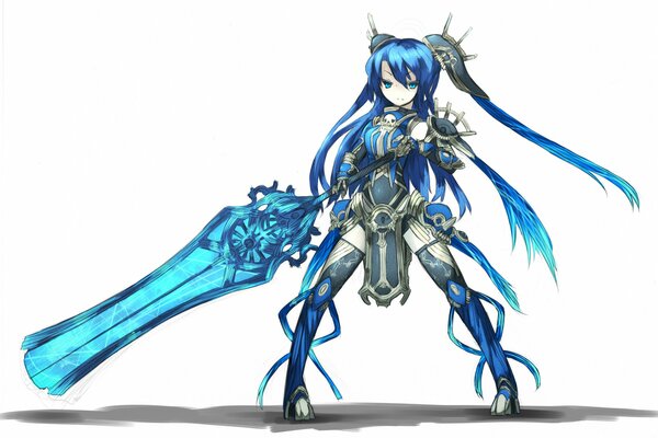 A girl in blue armor and a huge sword