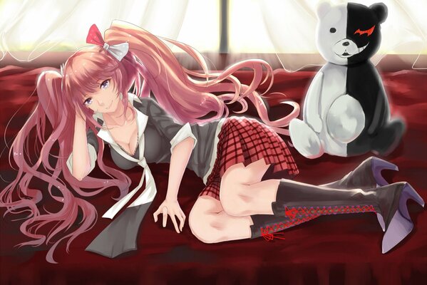 The girl is lying in a school uniform