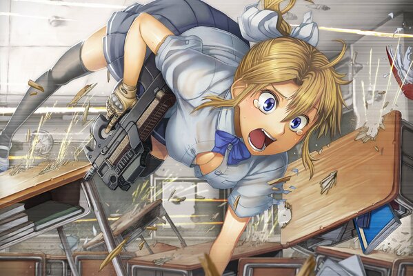 Chica con una ametralladora en el estilo de anime
