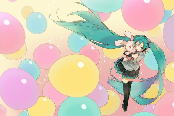 Sailor moon with green hair holds a hare against a background of colored balls