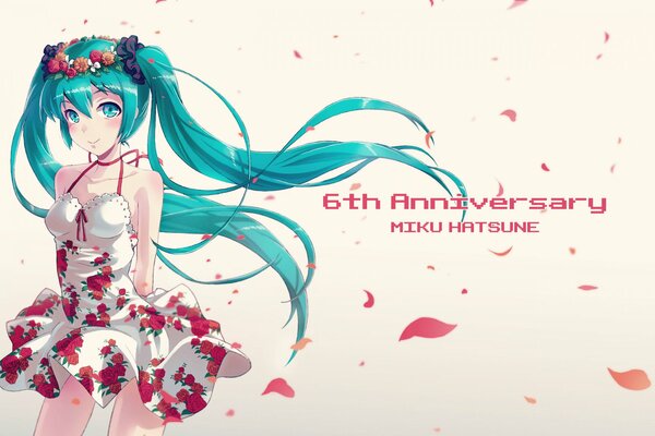 Anime girl avec des cheveux verts dans une belle robe avec des fleurs rouges