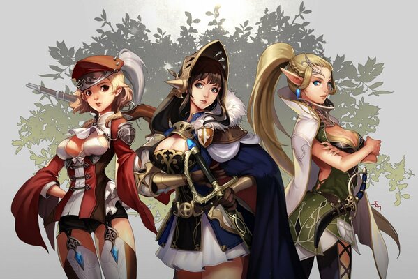 Trois filles d anime en armure avec des armes