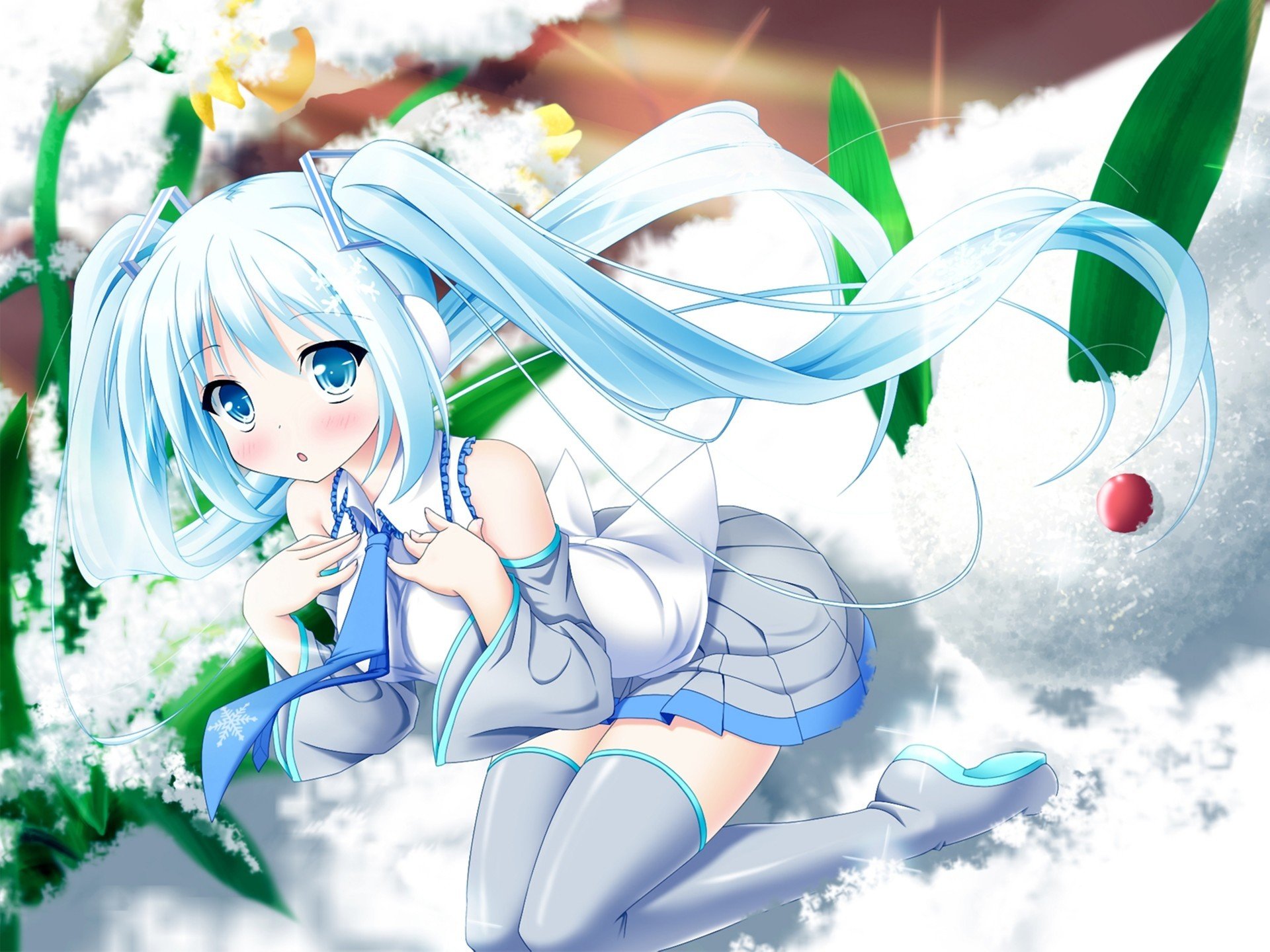 hatsune miku vocaloid yuki miku girl white hair necktie snowflake snow plants flower