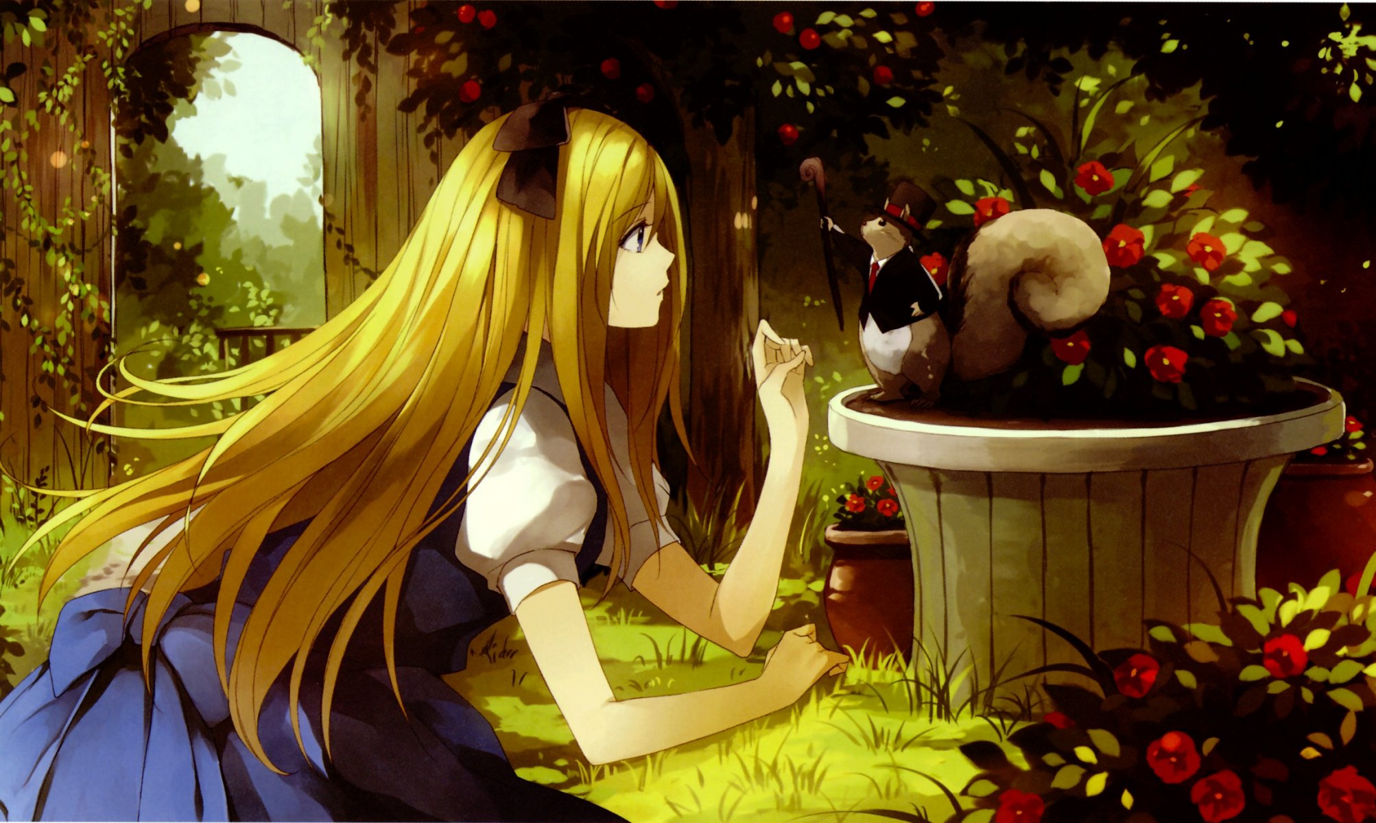 arte re anime alice nel paese delle meraviglie alice ragazza giardino fiori animale scoiattolo cappello