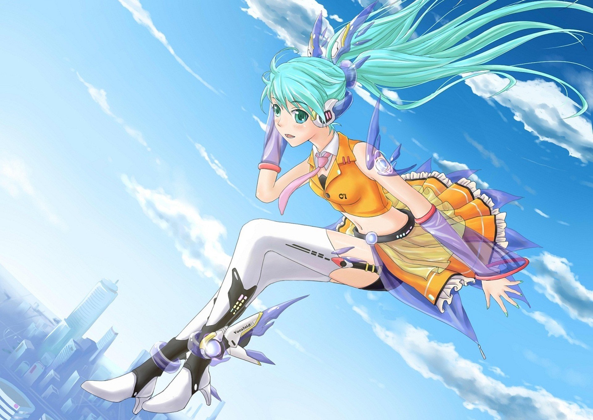 arte vocaloid vocaloid hatsune miku chica en el cielo nubes ciudad