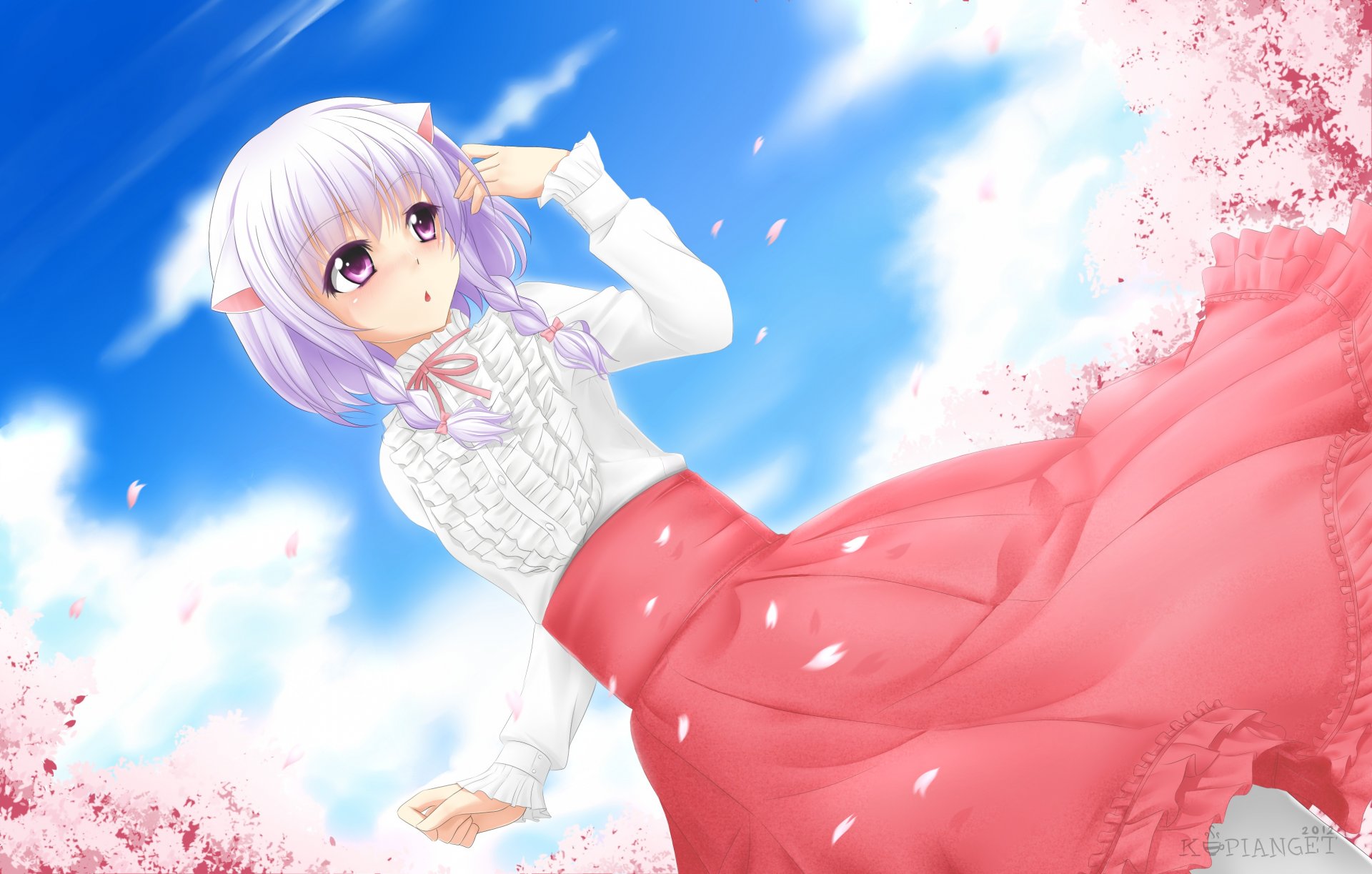 arte kopianget ragazza vento petali sakura orecchie neko