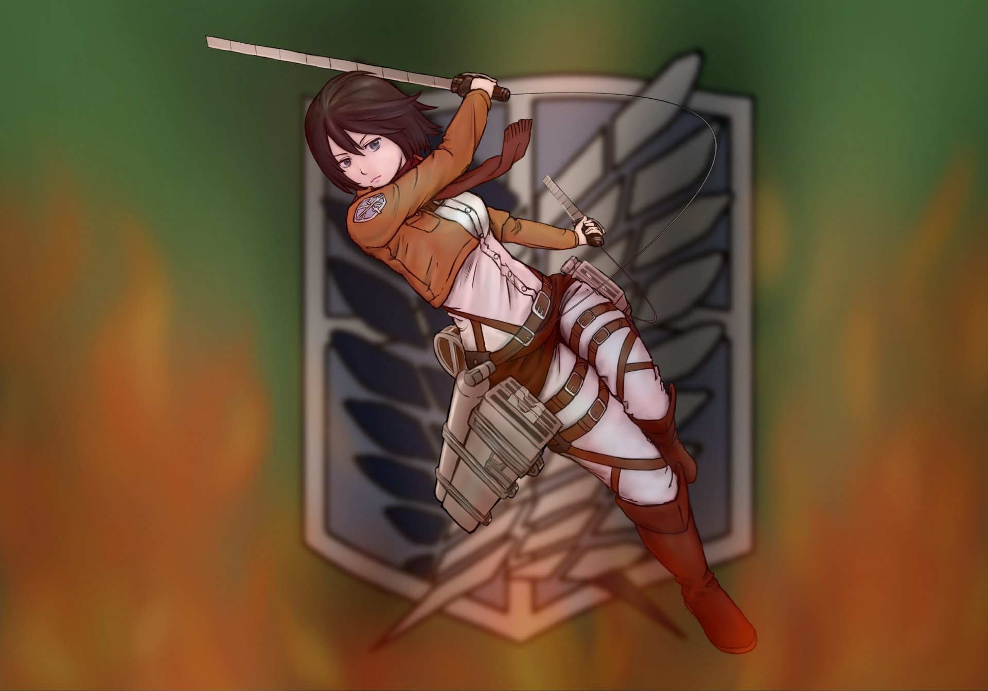 art komasato girl mikasa ackerman view setting gesture weapon blade cables standard shingeki no kyojin