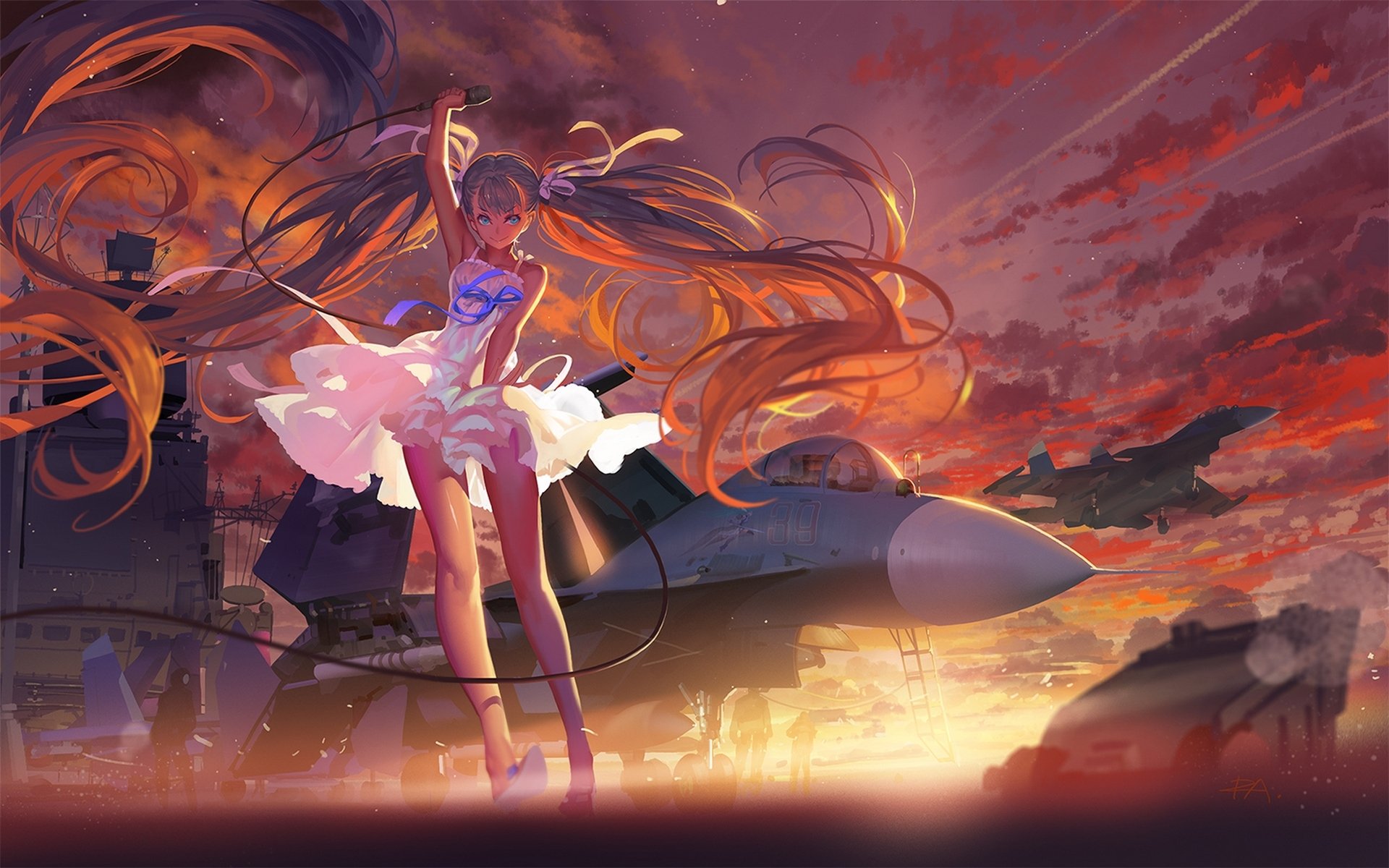 art alphonse vocaloid hatsune miku fille microphone avion coucher de soleil ciel nuages anime