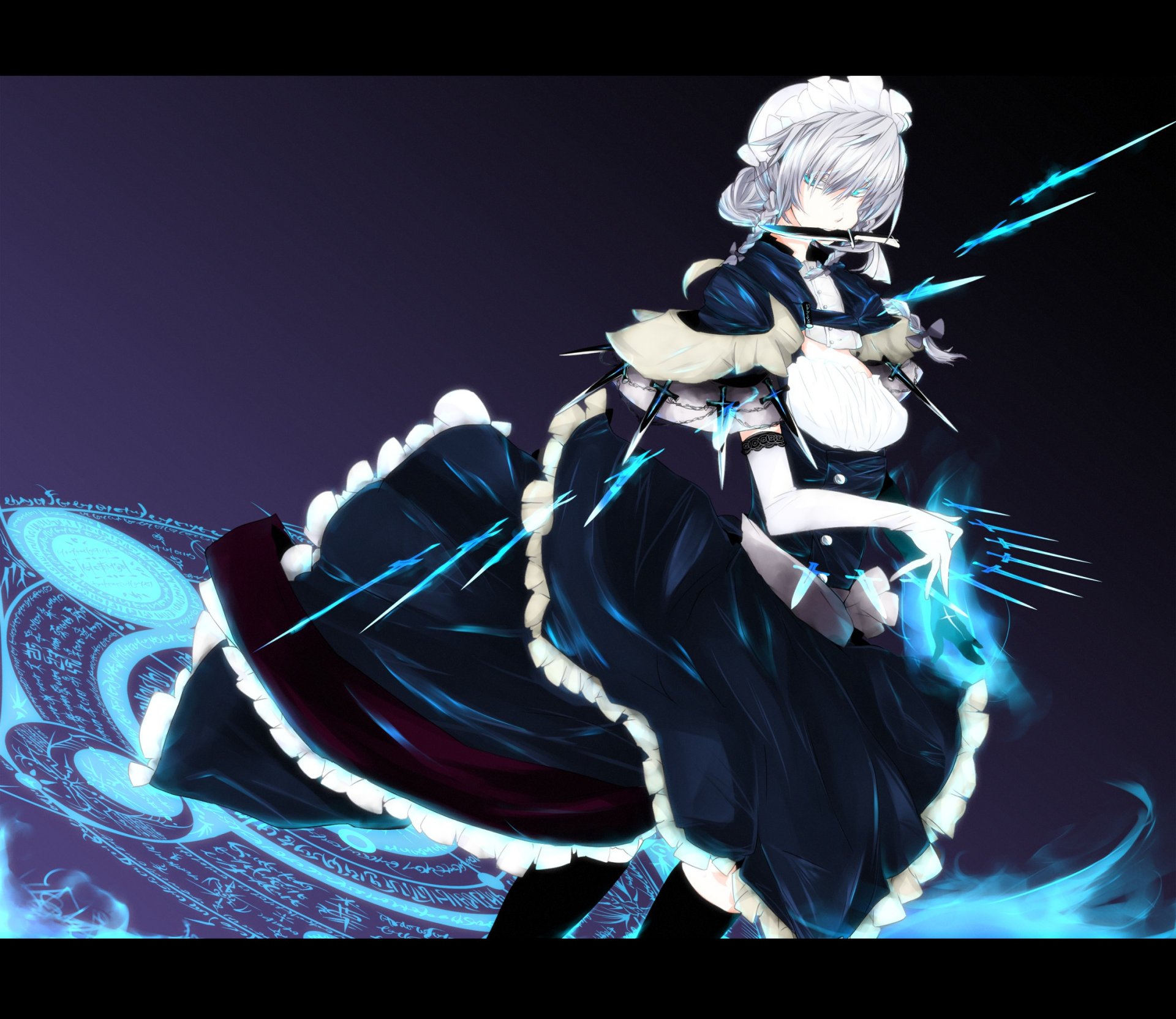 art tp65pxu4 touhou izayoi sakuya dziewczyna anime pokojówka nóż magiczne koło rękawiczki napis warkocze czepek