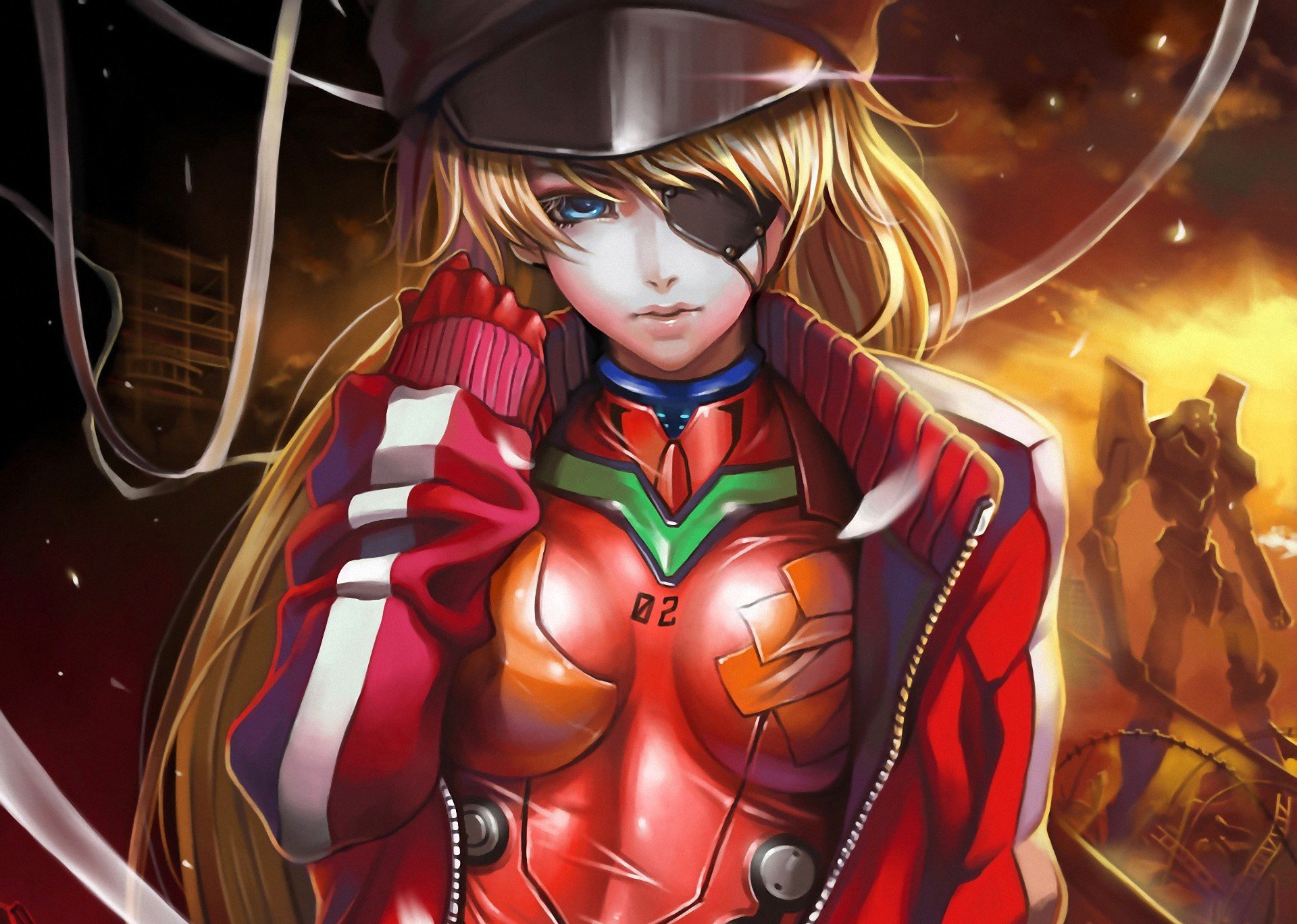 арт dantewontdie neon genesis evangelion сорю asuka langley девушка кепка повязка робот меха