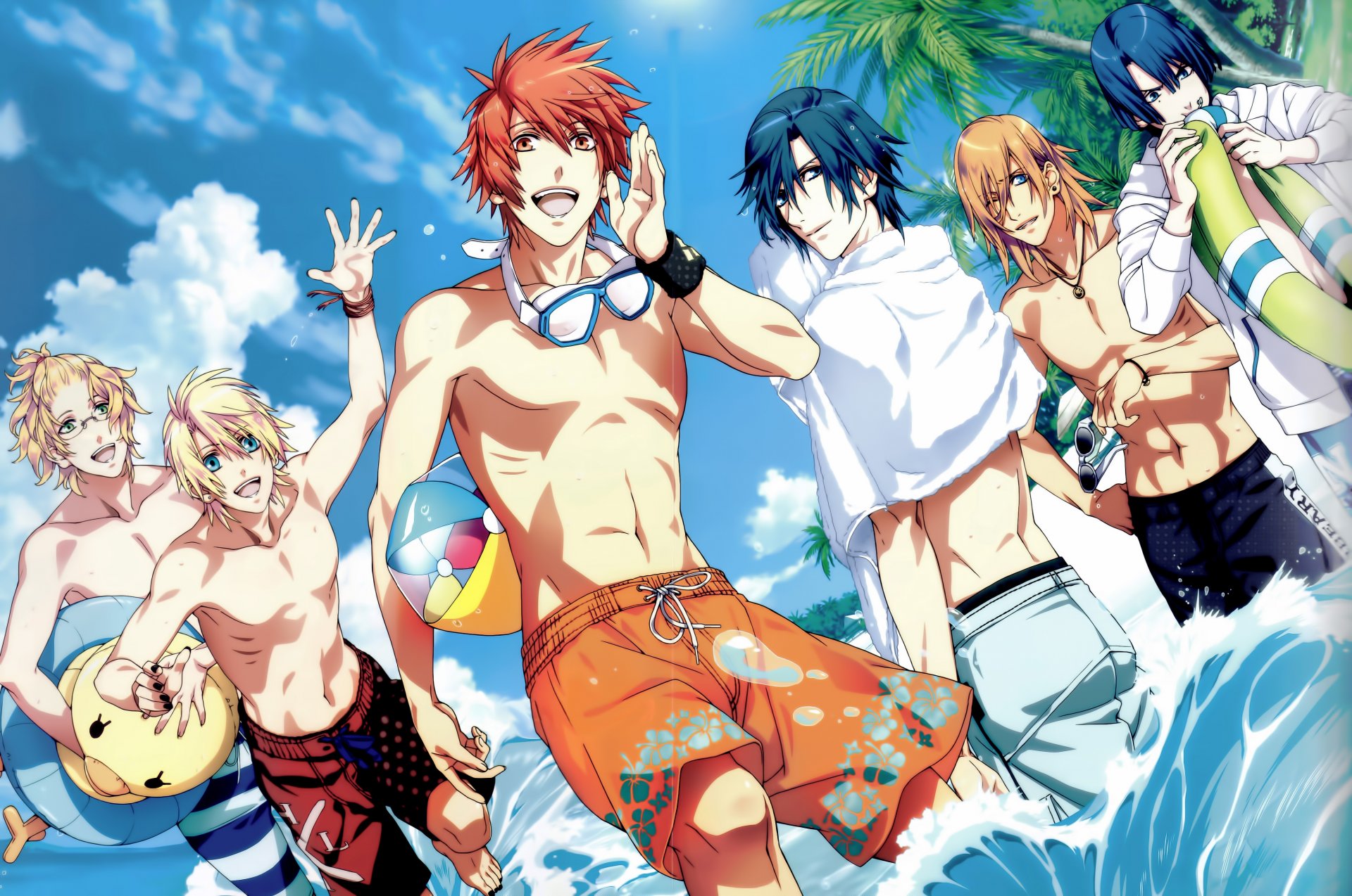 arte mori mitsue anime uta no prince sama ichinose tokiya jinguji ren hijirikawa masato ittoki otoya kurusu spettacolo shinomiya natsuki ragazzi spiaggia mare acqua oceano divertimento gocce palla cerchio asciugamano occhiali palme cielo nuvole sole