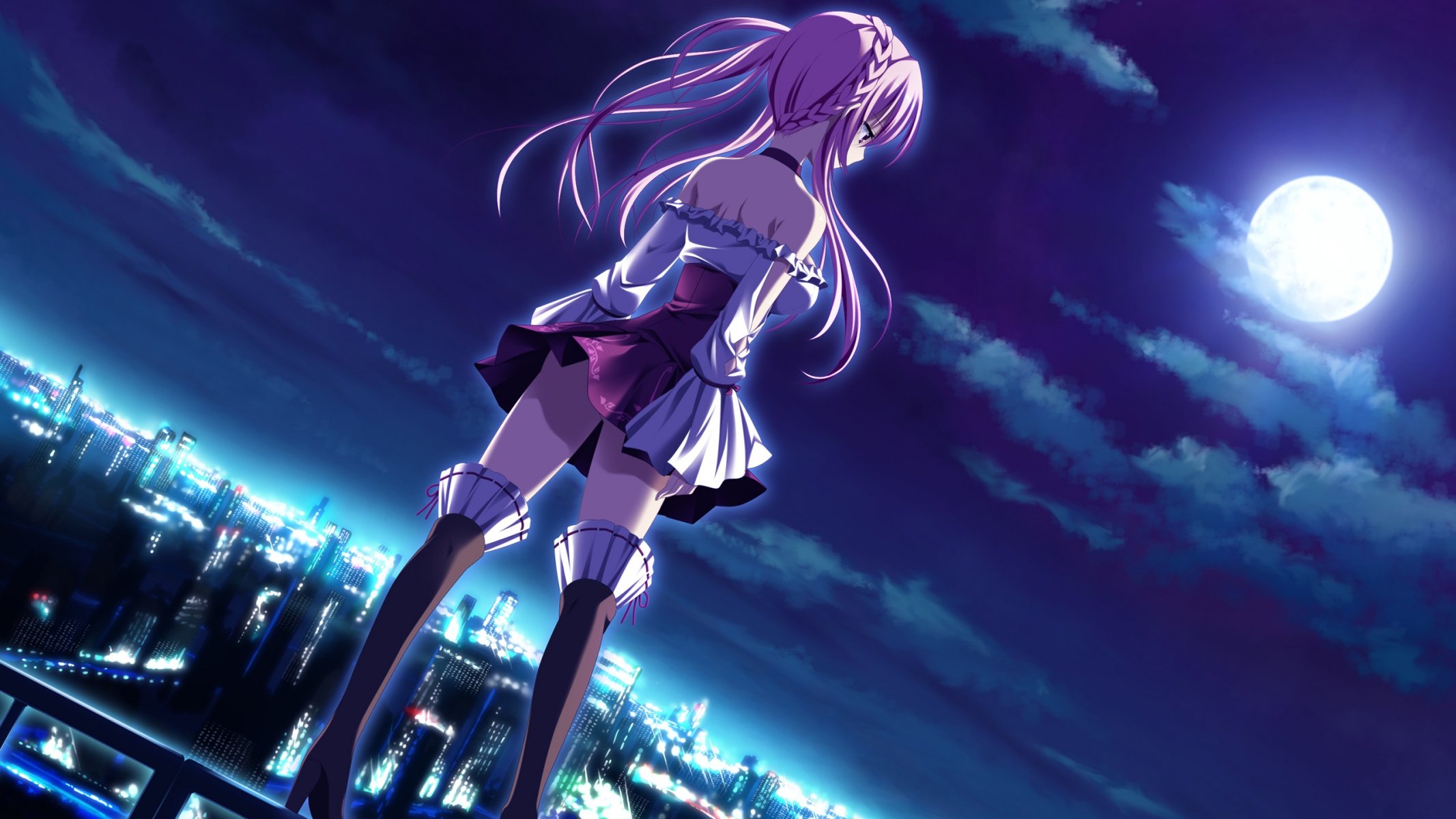 art pas gensou nanami naru fille nuit lune ciel maison ville nuages toit