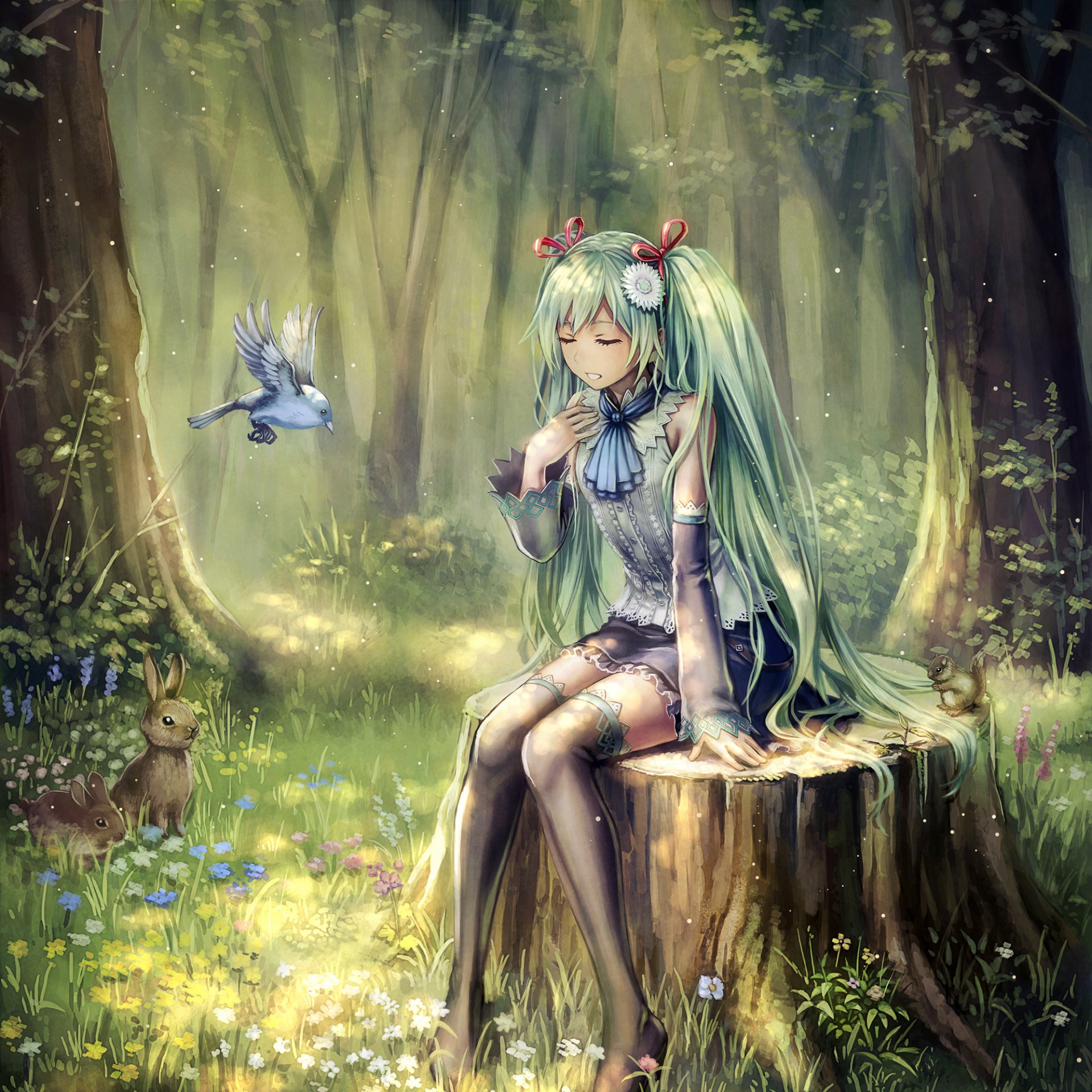 art anbe yoshirou yoshiro ambe hatsune miku vocaloid fille forêt oiseaux bêtes chant anime