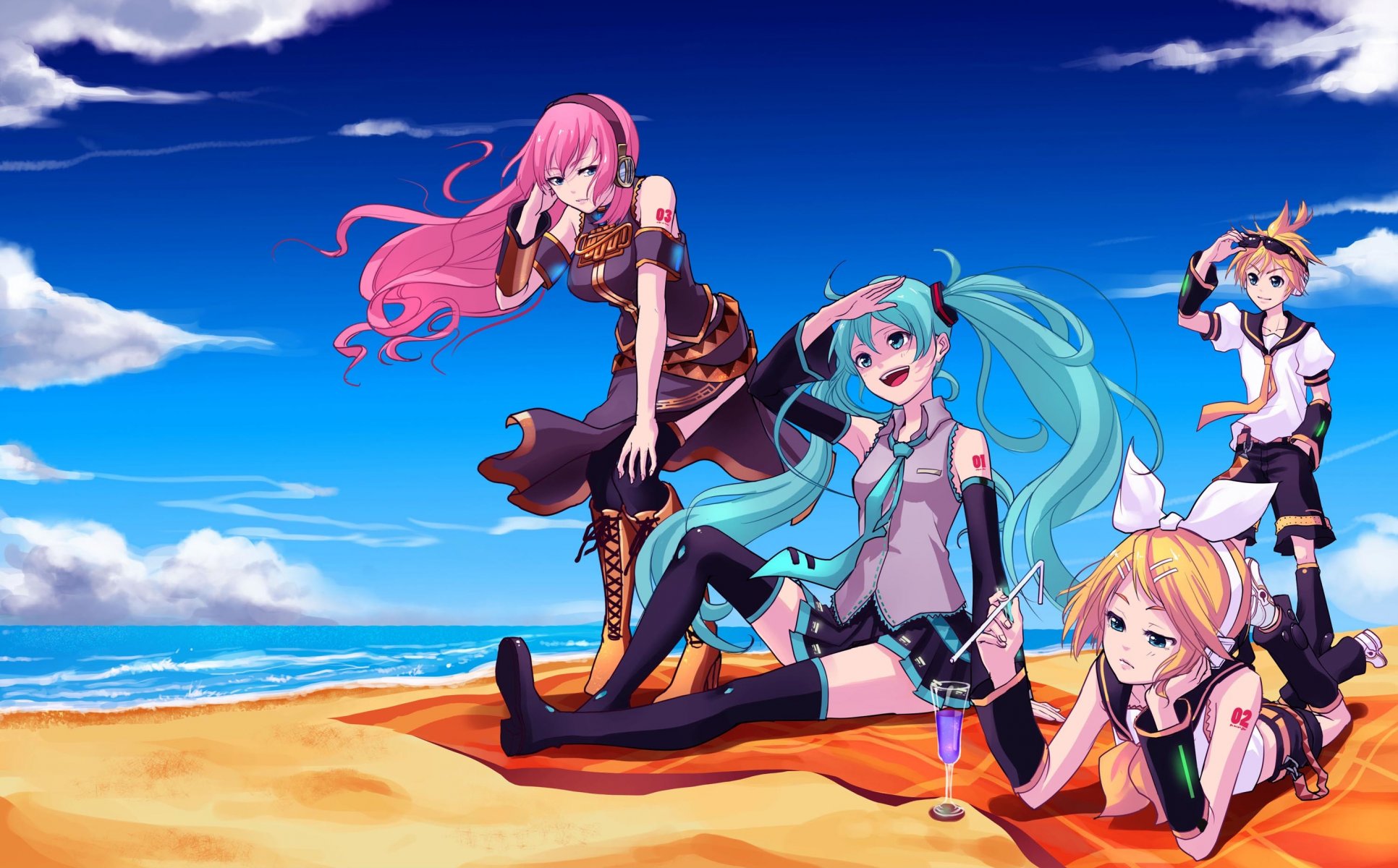 kunst vocaloid hatsune miku megurine luka kagamine rin kagamine len mädchen kerl meer strand vocaloid himmel wolken cocktail