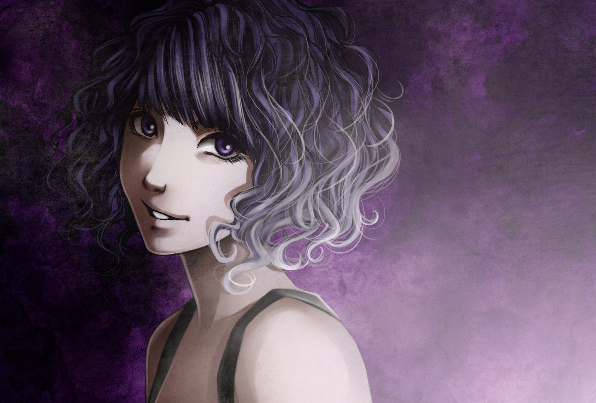 art shilesque girl background purple curls smile