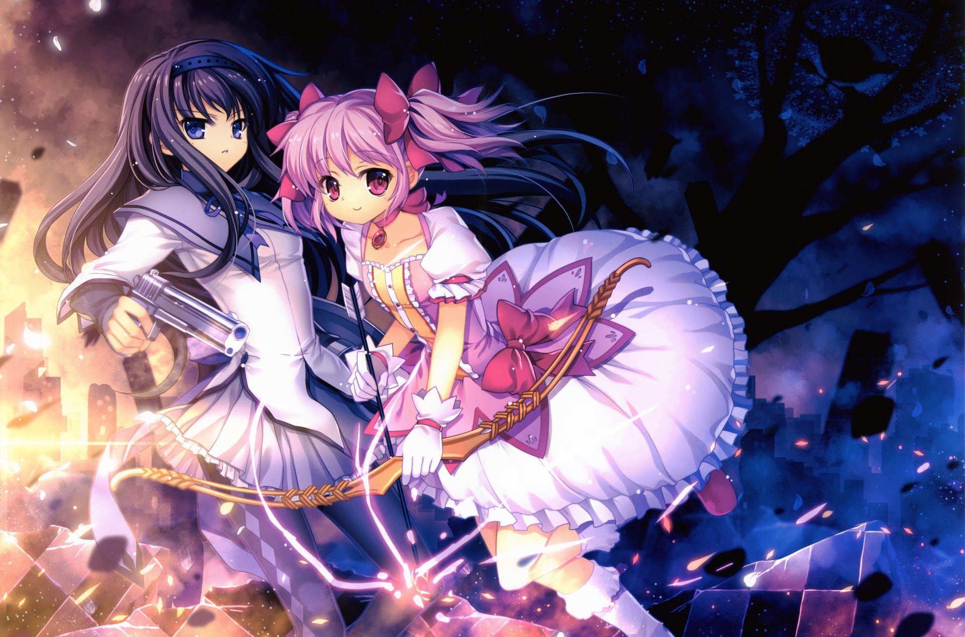 art capura lin mahou shoujo madoka magika filles akemi homura kaname madoka robes armes arc pistolet regarde le spectateur