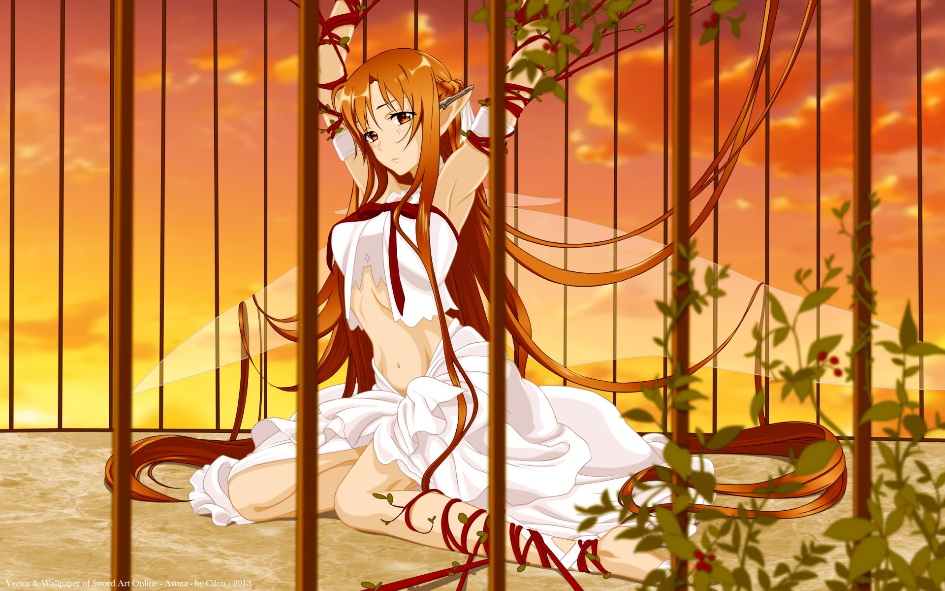 art cilou anime sword art online yuuki asuna girl elf cell tapes wings sunset sky cloud