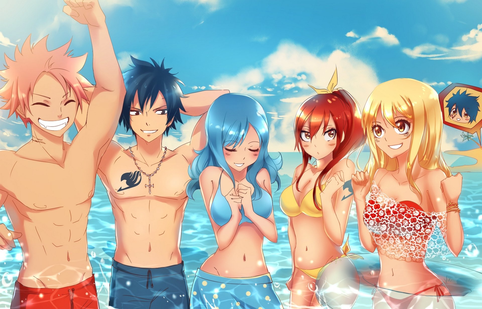 art kristallin-e filles gars lucy heartfilia erza scarlet natsu dragneel gris juvia loxar joie embarras bikini poitrine mer conte de fées