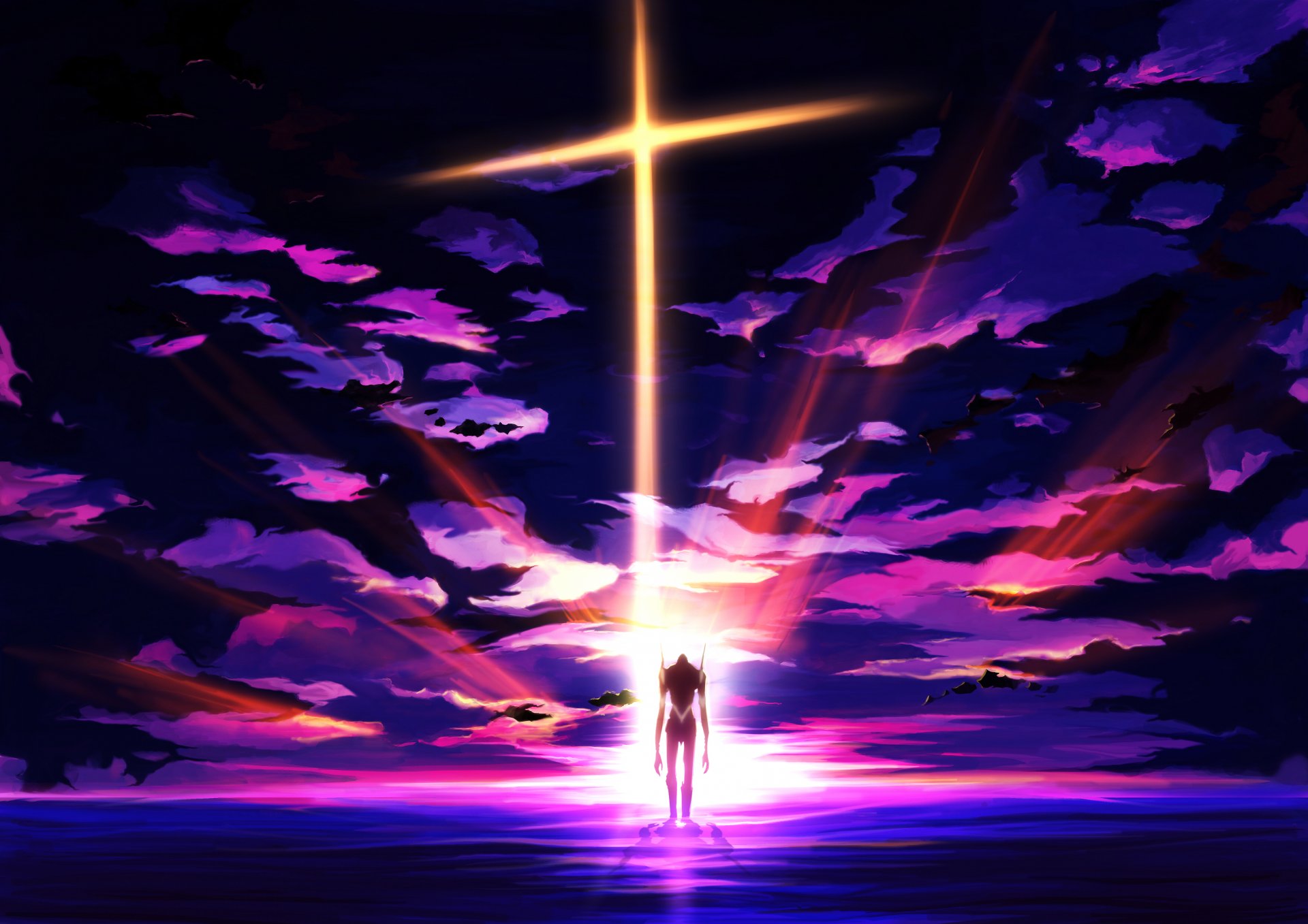 arte arte fantasma anime neon genesis evangelion eva 01 robot mecha puesta de sol cielo nubes