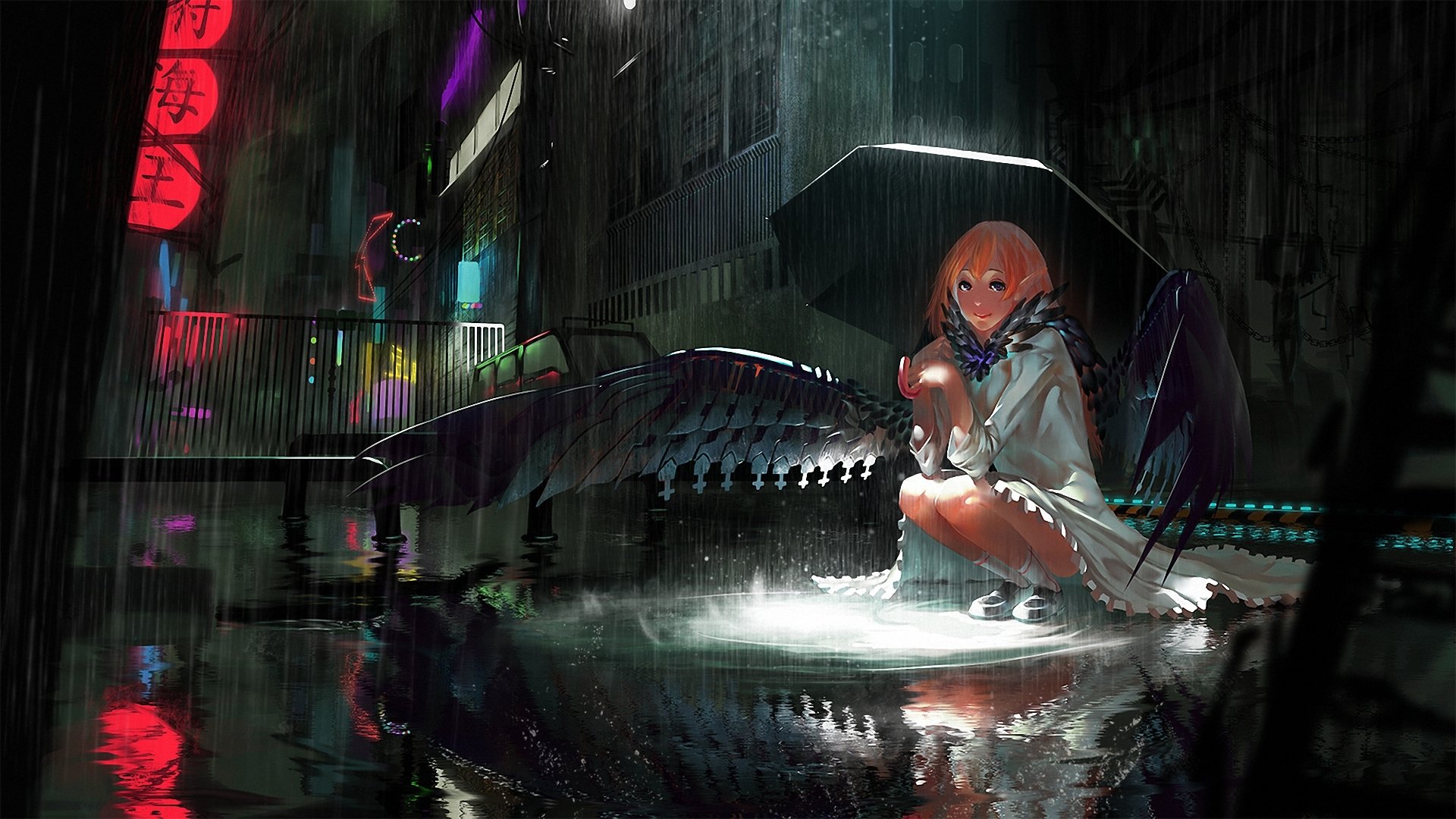 arte karasu-san syh3iua83 chica calle noche ciudad alas paraguas lluvia