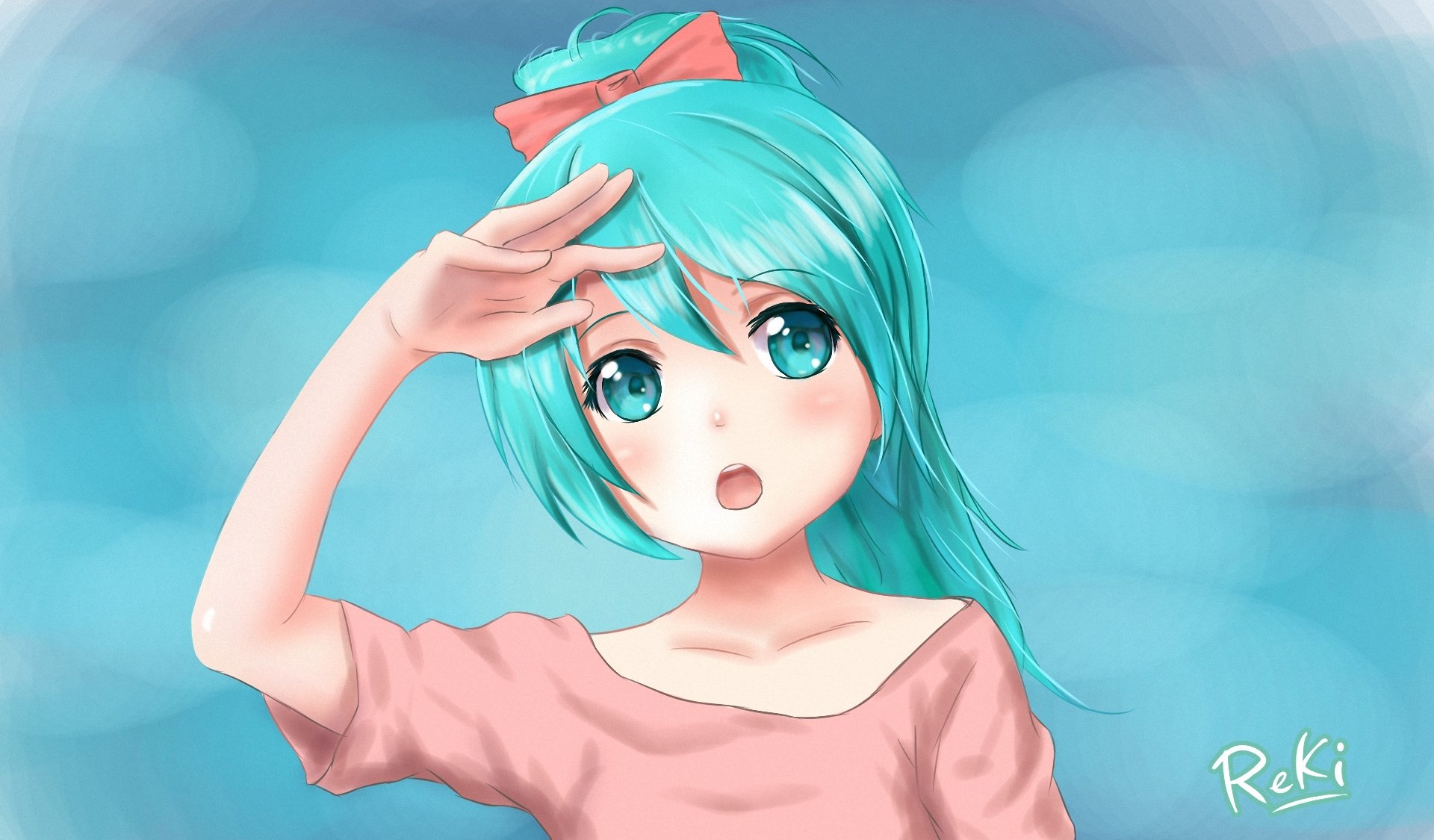 art reki lichk vocaloid hatsune miku girl background hand ponytail bow